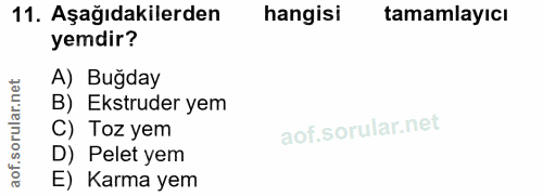 11. soru: Aşağıdakilerden hangisi tamamlayıcı yemdir? .net A) Buğday ar. B) Ekstruder yem orul C) Toz yem D) Pelet yem aof. E)…