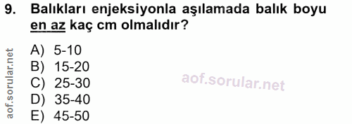 9. soru: Balıkları enjeksiyonla aşılamada balık boyu en az kaç cm olmalıdır? A) 5-10 B) 15-20 C) 25-30 D) 35-40 E) 45-50