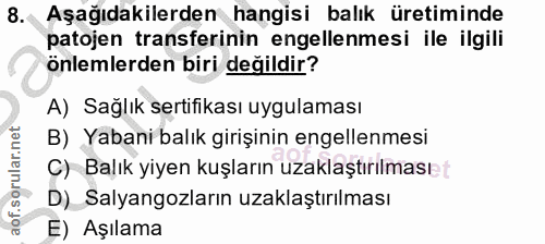 8. soru: Aşağıdakilerden hangisi balık üretiminde patojen transferinin engellenmesi ile ilgili önlemlerden biri değildir? A) S…