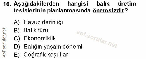 16. soru: Aşağıdakilerden hangisi balık üretim tesislerinin planlanmasında önemsizdir? A) Havuz derinliği B) Balık türü C) Ekon…