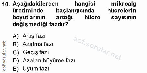 10. soru: Aşağıdakilerden hangisi mikroalg üretiminde başlangıcında hücrelerin boyutlarının arttiği, hücre sayısının değişmediğ…