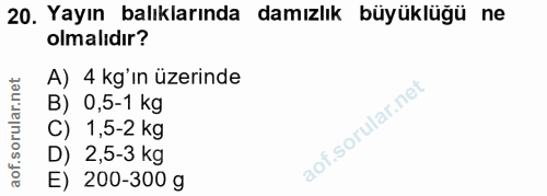 20. soru: Yayın balıklarında damızlık büyüklüğü ne olmalıdır? A) 4 kg'ın üzerinde B) 0,5-1 kg C) 1,5-2 kg D) 2,5-3 kg E) 200-300 g