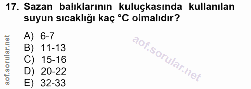 17. soru: Sazan balıklarının kuluçkasında kullanılan suyun sıcaklığı kaç °C olmalıdır? A) 6-7 B) 11-13 C) 15-16 D) 20-22 E 32-33