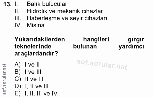 13. soru: l. Balık bulucular II. Hidrolik ve mekanik cihazlar III. Haberleşme ve seyir cihazları N. Misina Yukarıdakilerden han…