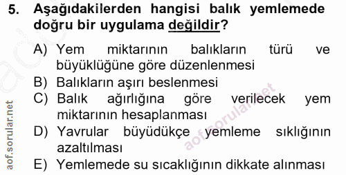 5. soru: Aşağıdakilerden hangisi balık yemlemede doğru bir uygulama değildir? A) Yem miktarının balıkların türü ve büyüklüğüne…