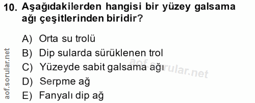 10. soru: Aşağıdakilerden hangisi bir yüzey galsama ağı çeşitlerinden biridir? A) Orta su trolü B) Dip sularda sürüklenen trol…
