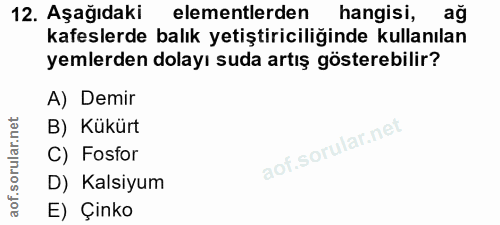 12. soru: Aşağıdaki elementlerden hangisi, ağ kafeslerde balık yetiştiriciliğinde kullanılan yemlerden dolayı suda artış göster…