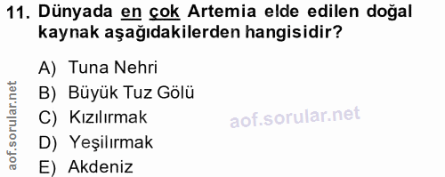 11. soru: Dünyada en çok Artemia elde edilen doğal kaynak aşağıdakilerden hangisidir? A) Tuna Nehri B) Büyük Tuz Gölü C) Kızılı…
