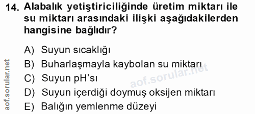 14. soru: Alabalık yetiştiriciliğinde üretim miktarı ile su miktarı arasındaki ilişki aşağıdakilerden hangisine bağlıdır? A) Su…