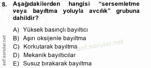 8. soru: Aşağıdakilerden hangisi "sersemletme veya bayıltma yoluyla avcılık" grubuna dahildir? A) Yüksek basınçlı bayıltıcı B)…