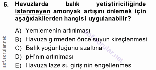 5. soru: Havuzlarda balık yetiştiriciliğinde istenmeyen amonyak artışını önlemek için aşağıdakilerden hangisi uygulanabilir? A…