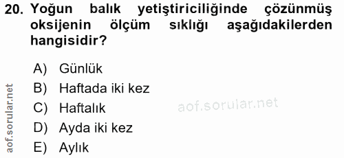 20. soru: Yoğun balık yetiştiriciliğinde çözünmüş oksijenin ölçüm sıklığı aşağıdakilerden hangisidir? A) Günlük B) Haftada iki…