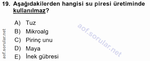 19. soru: Aşağıdakilerden hangisi su piresi üretiminde kullanılmaz? A) Tuz B) Mikroalg C) Pirinç unu D) Maya E) Inek gübresi