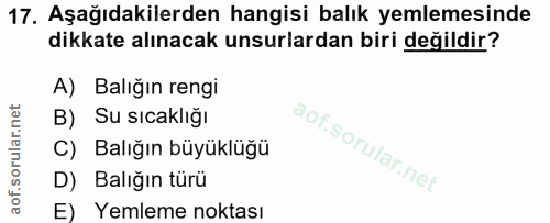 17. soru: Aşağıdakilerden hangisi balık yemlemesinde dikkate alınacak unsurlardan biri değildir? A) Balığın rengi B) Su sıcaklı…