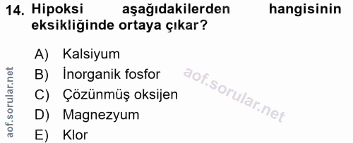 14. soru: Hipoksi aşağıdakilerden hangisinin eksikliğinde ortaya çıkar? A) Kalsiyum B) Inorganik fosfor C) Çözünmüş oksijen D)…