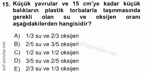 15. soru: Küçük yavrular ve 15 cm'ye kadar küçük balıkların plastik torbalarla taşınmasında gerekli olan Su ve oksijen oranı aş…