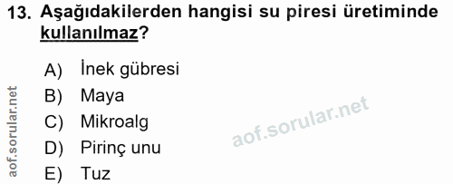 13. soru: Aşağıdakilerden hangisi su piresi üretiminde kullanılmaz? A) Inek gübresi B) Maya C) Mikroalg D) Pirinç unu E) Tuz