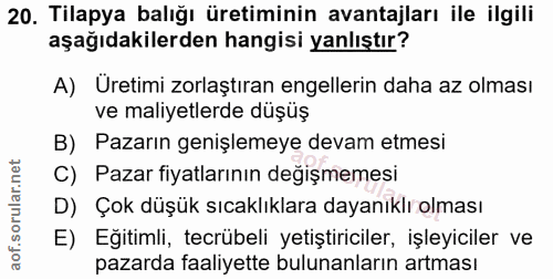 20. soru: Tilapya balığı üretiminin avantajları ile ilgili aşağıdakilerden hangisi yanlıştır? A) Üretimi zorlaştıran engellerin…