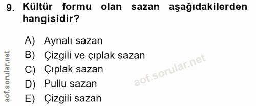 9. soru: Kültür formu olan sazan aşağıdakilerden hangisidir? A) Aynalı sazan B) Çizgili ve çıplak sazan C) Çıplak sazan D) Pul…