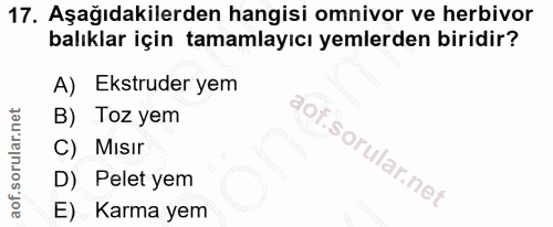 17. soru: Aşağıdakilerden hangisi omnivor ve herbivor balıklar için tamamlayıcı yemlerden biridir? A) Ekstruder yem B) Toz yem…