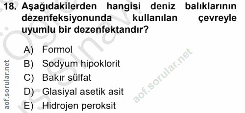 18. soru: Aşağıdakilerden hangisi deniz balıklarının dezenfeksiyonunda kullanılan çevreyle uyumlu bir dezenfektandır? A) Formol…
