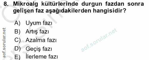8. soru: Mikroalg kültürlerinde durgun fazdan sonra gelişen faz aşağıdakilerden hangisidir? A) Uyum fazı B) Artış fazı C) Azal…