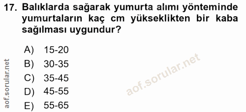 17. soru: Balıklarda sağarak yumurta alımı yönteminde yumurtaların kaç cm yükseklikten bir kaba sağılması uygundur? A) 15-20 B)…