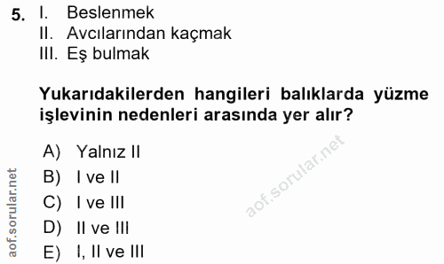 5. soru: 1. Beslenmek Il. Avcılarından kaçmak III. Eş bulmak Yukarıdakilerden hangileri balıklarda yüzme işlevinin nedenleri a…