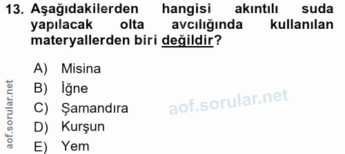 13. soru: Aşağıdakilerden hangisi akintilı suda yapılacak olta avcıliğında kullanılan materyallerden biri değildir? A) Misina B…