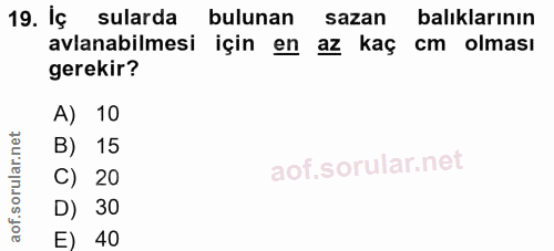 19. soru: Iç sularda bulunan sazan balıklarının avlanabilmesi için en az kaç cm olması gerekir? A) 10 B) 15 C) 20 D) 30 E) 40