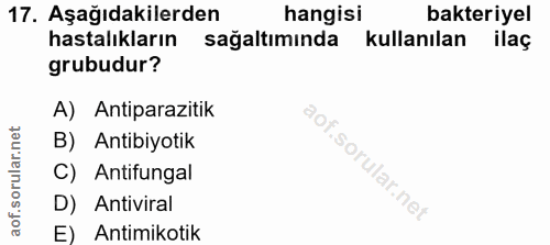 17. soru: Aşağıdakilerden hangisi bakteriyel hastalıkların sağaltımında kullanılan ilaç grubudur? A) Antiparazitik B) Antibiyot…