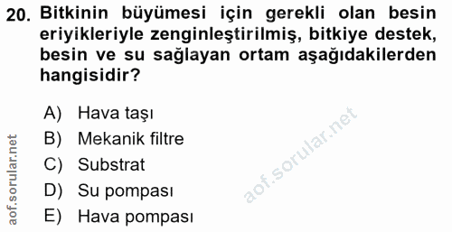 20. soru: Bitkinin büyümesi için gerekli olan besin eriyikleriyle zenginleştirilmiş, bitkiye destek, besin ve su sağlayan ortam…