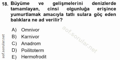 18. soru: Büyüme ve gelişmelerini denizlerde tamamlayan, cinsi olgunluğa erişince yumurtlamak amacıyla tatlı sulara göç eden ba…