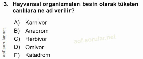 3. soru: Hayvansal organizmaları besin olarak tüketen canlilara ne ad verilir? A) Karnivor B) Anadrom C) Herbivor D) Omivor E)…