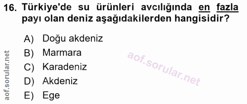 16. soru: Türkiye'de su ürünleri avcılığında en fazla payı olan deniz aşağıdakilerden hangisidir? A) Doğu akdeniz B) Marmara Ka…