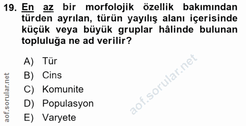 19. soru: En az bir morfolojik özellik bakımından türden ayrılan, türün yayılış alanı içerisinde küçük veya büyük gruplar hâlin…