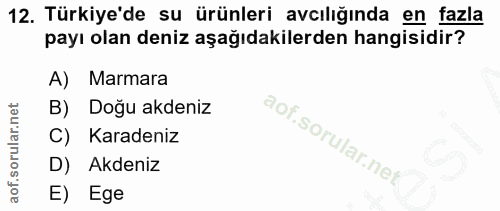 12. soru: Türkiye'de su ürünleri avcılığında en fazla payı olan deniz aşağıdakilerden hangisidir? A) Marmara B) Doğu akdeniz C)…