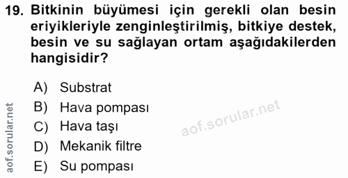19. soru: Bitkinin büyümesi için gerekli olan besin eriyikleriyle zenginleştirilmiş, bitkiye destek, besin ve su sağlayan ortam…