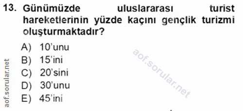 13. soru: Günümüzde uluslararası turist hareketlerinin yüzde kaçını gençlik turizmi oluşturmaktadır? A) 10'unu B) 15 ini C) 20'…