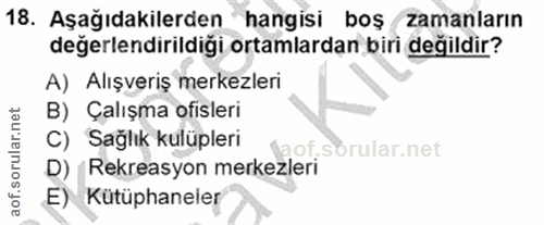 18. soru: Aşağıdakilerden hangisi boş (zamanların değerlendirildiği ortamlardan biri değildir? A) Alışveriş merkezleri B) Çalış…