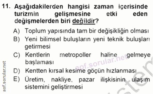 11. soru: Aşağıdakilerden hangisi zaman içerisinde turizmin gelişmesine etki eden değişmelerden biri değildir? A) Toplum yapısı…