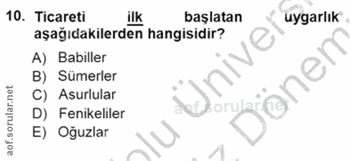 10. soru: Ticareti ilk başlatan uygarlık aşağıdakilerden hangisidir? A) Babiller dJnive B) Sümerler sonränen C) Asurlular D) Fe…
