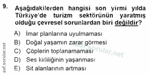 9. soru: Aşağıdakilerden hangisi son yirmi yılda Türkiye'de turizm sektörünün yaratmış olduğu çevresel sorunlardan biri değild…