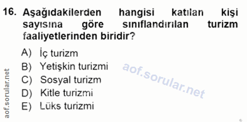 16. soru: Aşağıdakilerden hangisi katılan kişi sayısına göre sınıflandırilan turizm faaliyetlerinden biridir? A) İç turizm B) Y…