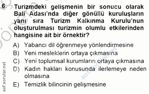 6. soru: › Turizmdeki gelişmenin bir sonucu olarak Bali Adası'nda diğer gönüllü kuruluşların yanı sıra Turizm Kalkınma Kurulu'…