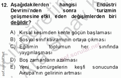 12. soru: Aşağıdakilerden® hangisi Endüstri Devrimi'nden sonra turizmin gelişmesine etki, eden değişimlerden biri değildir? Kır…