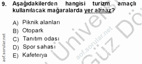 9. soru: Aşağıdakilerden hangisi turizm amaçli kullanılacak mağaralarda yer almaz? A) Piknik alanları B) Otopark C) Tanıtım od…