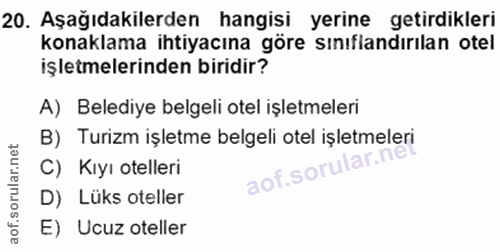 20. soru: Aşağıdakilerden hangisi yerine getirdikleri konaklama ihtiyacına göre sınıflandırılan otel işletmelerinden biridir? A…