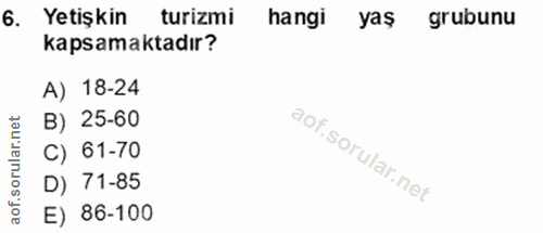 6. soru: Yetişkin turizmi hangi yaş grubunu kapsamaktadır? A) 18-24 B) 25-60 C) 61-70 D) 71-85 E) 86-100