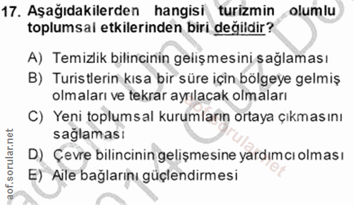 17. soru: Aşağıdakilerden hangisi turizmin olumlu toplumsal etkilerinden biri değildir? A) Temizlik bilincinin gelişmesini sağl…